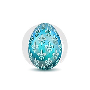 Easter egg 3D icon. Color egg, isolated white background. Flower fleur de lis design, decoration for Happy Easter