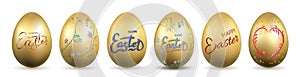 Easter egg 3D icon. Gold eggs set, lettering, isolated white background. Shiny design. Hand drawn decoration Happy