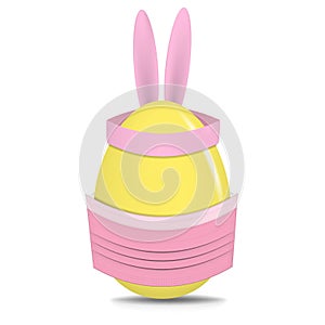 Easter egg with decoration of bunny ears and protective medical face mask. Creative illustration