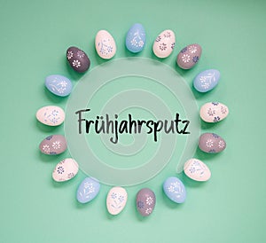 Easter Egg Decoration, Flat Lay, Fruehjahrsputz Means Spring Cleaning