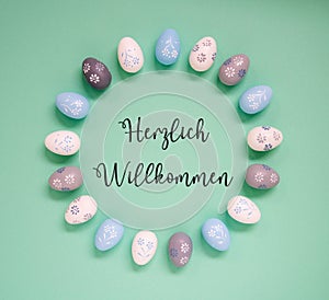 Easter Egg Decoration, Flat Lay, Herzlich Willkommen Means Welcome