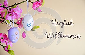 Easter Egg Decoration With Flower Bouquet, Herzlich Willkommen Means Welcome