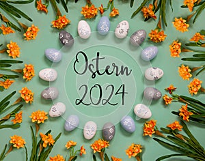 Easter Egg Decoration, Spring Flowers, Word Ostern 2024 Means Easter 2024