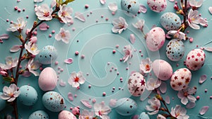 Easter Egg Delights with Cherry Blossoms - Stylish Flat Lay Background for Greeting Cards or Banners