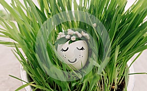 Easter egg with drawn sleeping face in floral wreath in green grass in soft light. Happy Easter