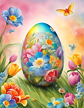 Easter egg featured with floral allegories and bright colors and rainbow background