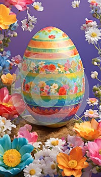 Easter egg featured with floral allegories and bright colors and rainbow background photo