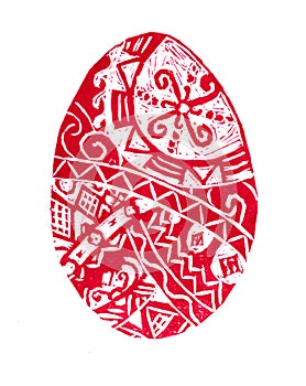 Easter egg filled with ornament. Isolated on white background. Linocut.