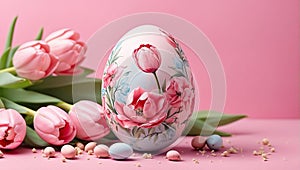 Easter egg with floral pattern. Easter card or background with copy space