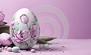 Easter egg with floral pattern. Easter card or background with copy space