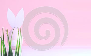 easter egg in the form of a rabbit in the grass on a pink background, sitting back