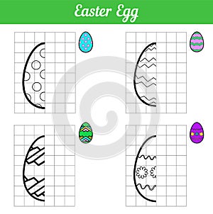Easter Egg game copy the picture. Four Coloring book page for kids. Vector Illustration with contour grid. Egg with simple photo