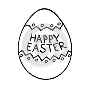 Easter egg with geometric ornament and happy easter. Vector illustration in Doodle style. Isolated object on a white background.