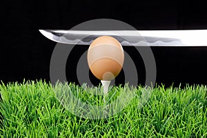 Easter egg on golf tee with sword