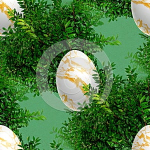 Easter egg and boxwood in green background. Seamless spring pattern.