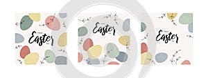 Easter egg greeting card collection. Vector modern flat illustration set. Square banner template. Pastel colorful eggs. Design for