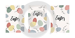 Easter egg greeting card collection. Vector modern flat illustration set. Vertical banner template. Pastel colorful eggs. Design