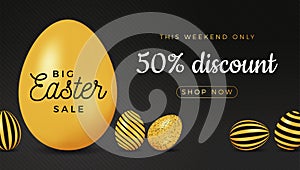 Easter egg horizontal banner. Easter big sale card with big gold and black ornate egg on black striped modern background. Vector