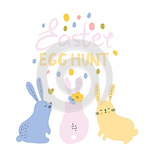 Easter egg hun lettering with 3 cute rabbits. Spring Holiday background. Easter rabbits isolated vector background