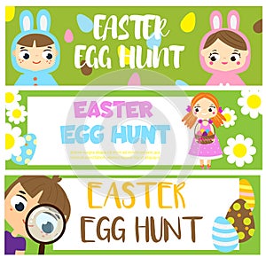 Easter egg hunt banners with cartoon kids. Children Easter fun activity. Vector template for Invitations, advertisements photo
