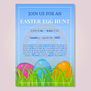 Easter Egg Hunt invitation, flyer, poster or placard template with different eggs in grass in cartoon style. Vector