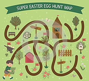 Easter egg hunt map. Set of flat spring cartoon elements.