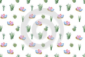 Easter egg hunt repeat pattern, eggs and plants, symbol of spring holidays illustration, Happy Easter ornament