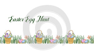 Easter egg hunt seamless horizontal border with the inscriprtion, spring holiday watercolor elements