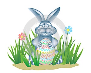 Easter Egg Hunt theme. Happy Bunny in grass holds painted egg.