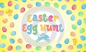 Easter egg hunt vector poster with jumping Easter banny and colored ornate egg on yellow gradient background. Funny cartoon invita