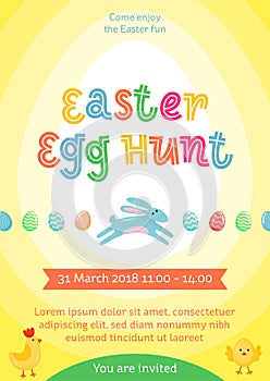 Easter egg hunt vector poster with jumping Easter banny and colored ornate egg on yellow gradient background. Funny cartoon invita photo