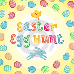 Easter egg hunt vector poster with jumping Easter banny and colored ornate egg on yellow gradient background. Funny cartoon invita