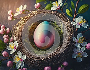 Easter egg in the nest and spring flowers, top view