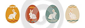 Easter egg, painted with flowers, waves, stripes. Vector set of Easter eggs in flat style on white background.