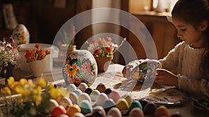 Easter Egg Painting Activity at a Rustic Home Table Generative AI