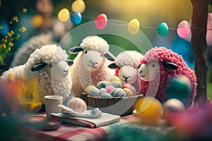 Easter egg painting party with a group of cute little sheep surrounded by a nest of painted eggs