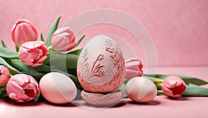 Easter egg and pink tulips. Easter card or background with copy space