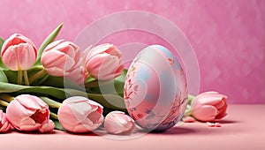 Easter egg and pink tulips. Easter card or background with copy space