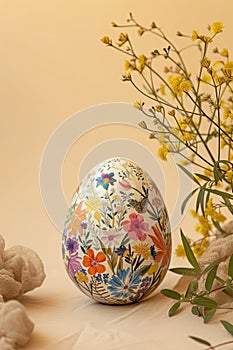 An Easter egg is placed on a beige background, next to some flowers. Generated AI