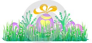 Easter egg with ribbon in grass with flowers vector illustration