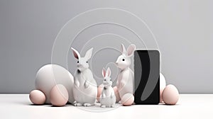 Easter egg in a row with rabbit dall at back of smart phon. ai generative