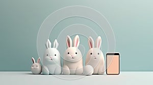 Easter egg in a row with rabbit dall at back of smart phon. ai generative