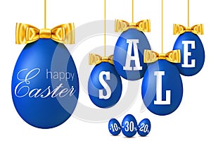 Easter egg sale 3D. Happy Easter hanging blue eggs, gold ribbon bow isolated white background. 10, 20, 30 percent off