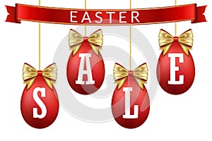 Easter egg sale 3D banner set. Gold ribbon bow, white text, red hanging eggs isolated background. Design poster
