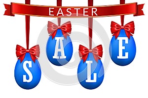 Easter egg sale 3D banner set. Red ribbon bow, white text, blue hanging eggs, isolated background. Design poster