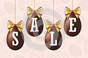 Easter egg sale 3D icons set. Gold ribbon bow, white text, hanging chocolate eggs isolated background. Design banner