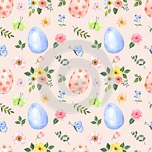Easter egg seamless pattern on pink background. Watercolor colorful eggs, spring flowers, and foliage. Holiday print