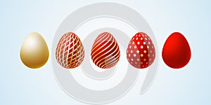 Easter egg Set of elegant modern luxury red gold Easter eggs with a spiral lines pattern specks dots on a light background Egg