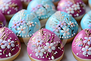 easter egg shaped cookies with colorful icing and painting floral ornament