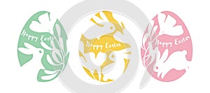 Easter egg silhouette with cute bunny and spring flower. Elegant vector illustration of white rabbit and blooming plant